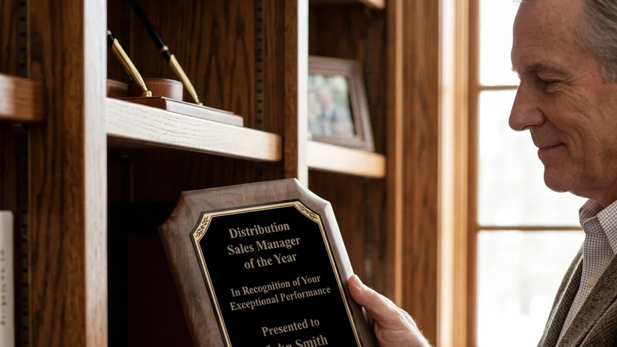 Engraved custom recognition awards and plaques displayed on an office shelf