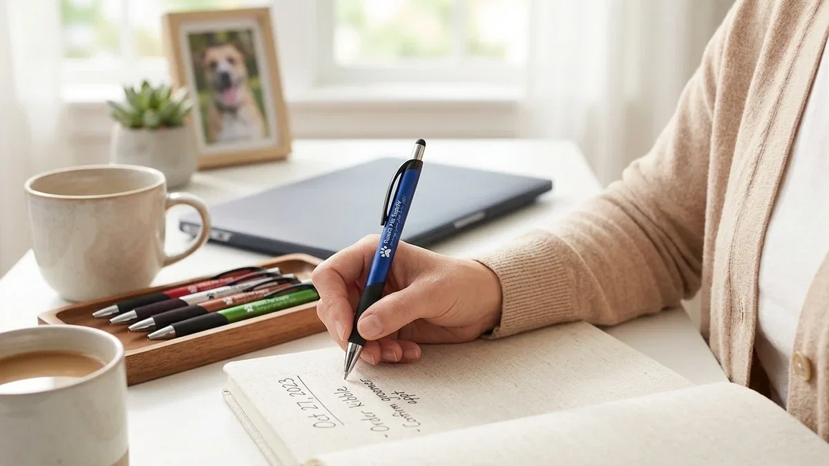 Custom stylus pens with a logo resting beside a smartphone screen