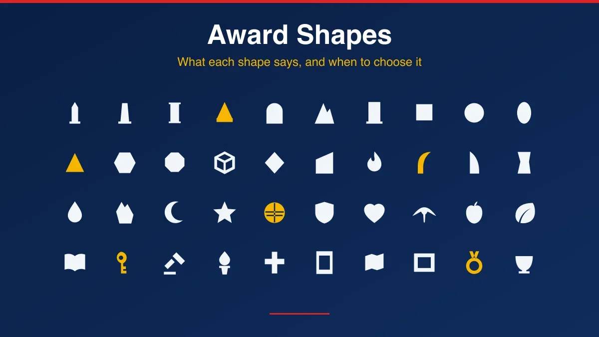 Chart of 40 custom award shapes including star, obelisk, flame and plaque silhouettes