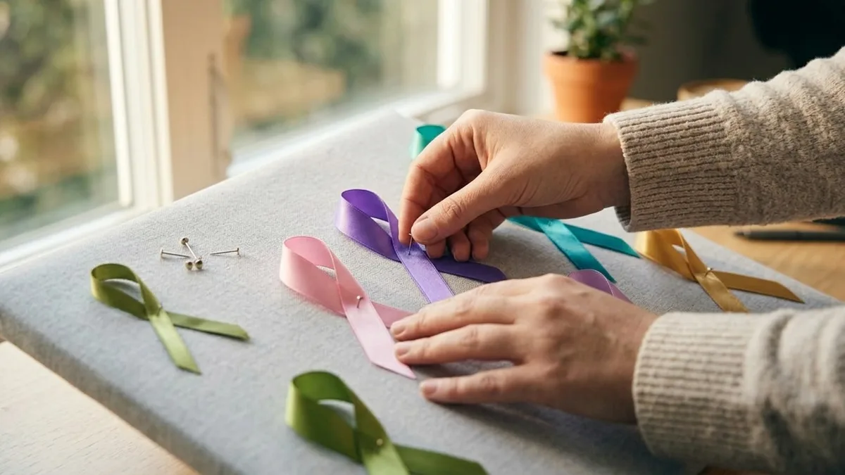 A hand arranging colorful satin awareness ribbons of many causes on a board