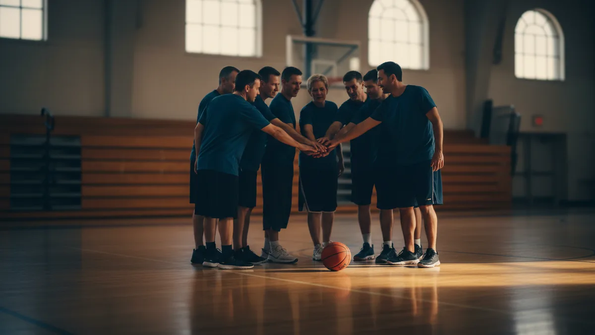 Rec league team huddled on an indoor court, hands stacked, before choosing basketball team names