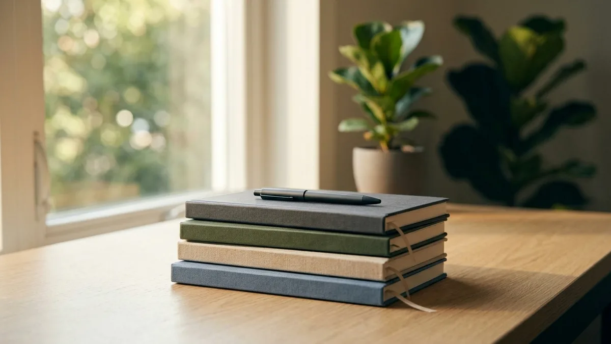 A stack of blank hardcover notebooks in assorted colors on a desk