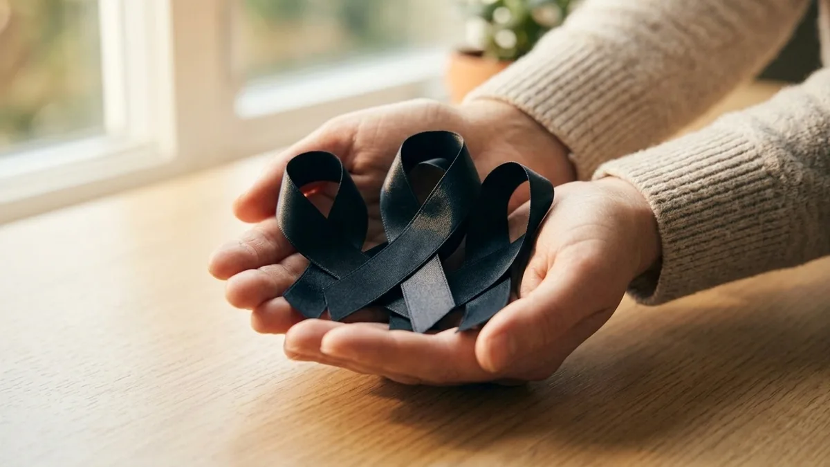 A black awareness ribbon held between two fingers against a soft gray background