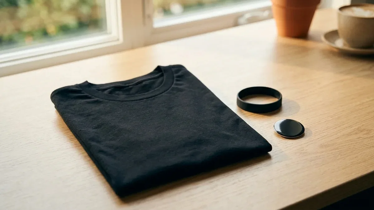 A black mourning ribbon pinned to a lapel