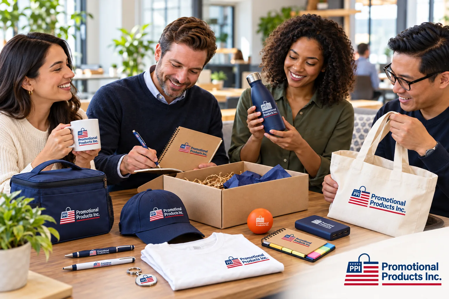 Employees smiling over promotional products with a company logo: mug, water bottle, notebook, cap, tote and T-shirt