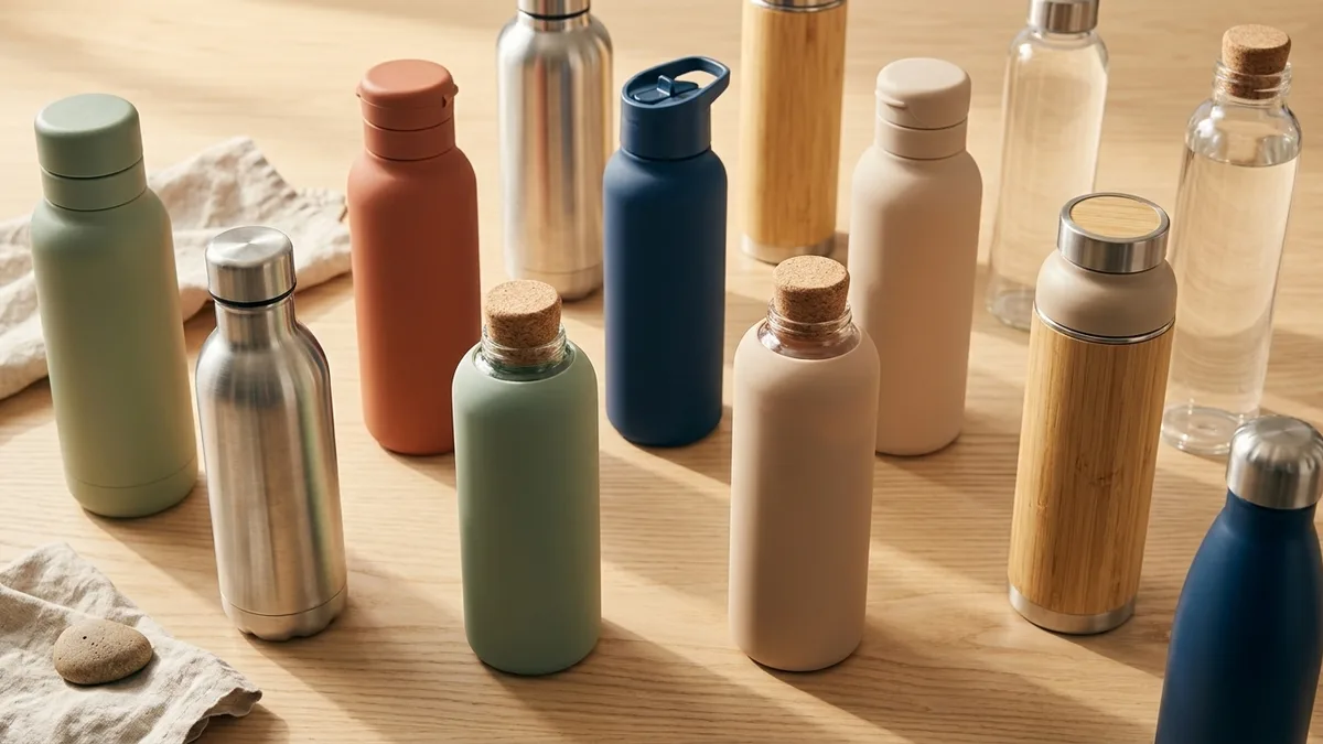 A branded employee water-bottle kit and an event giveaway table with logoed bottles