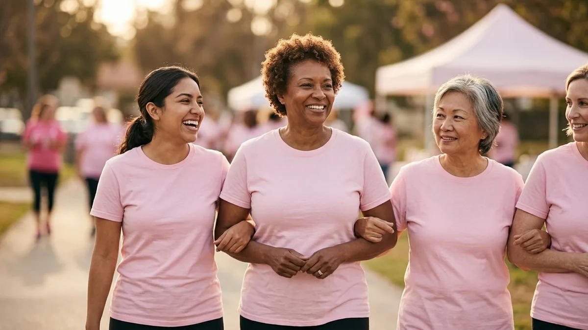 Participants wearing pink walking arm-in-arm at a breast cancer awareness charity walk