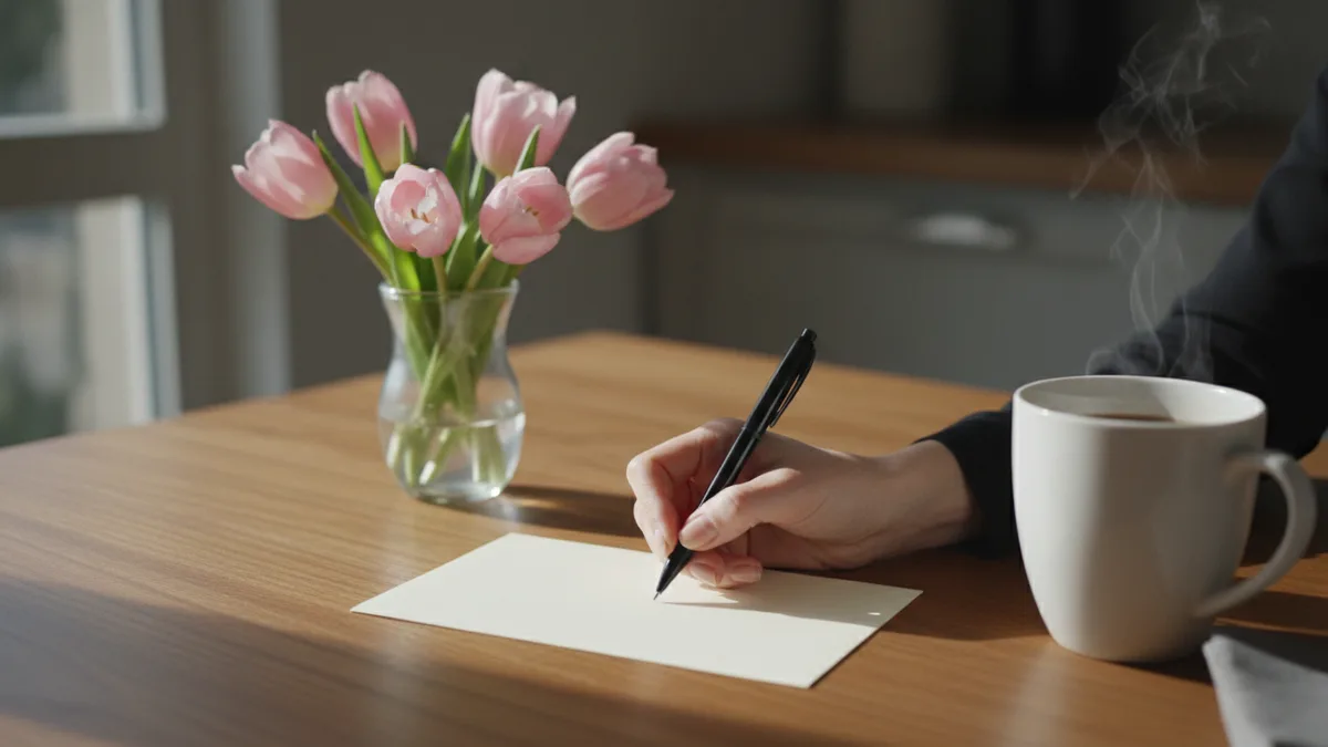 A hand writing a message in a blank card beside pink tulips and a cup of coffee, choosing what to say to someone with breast cancer