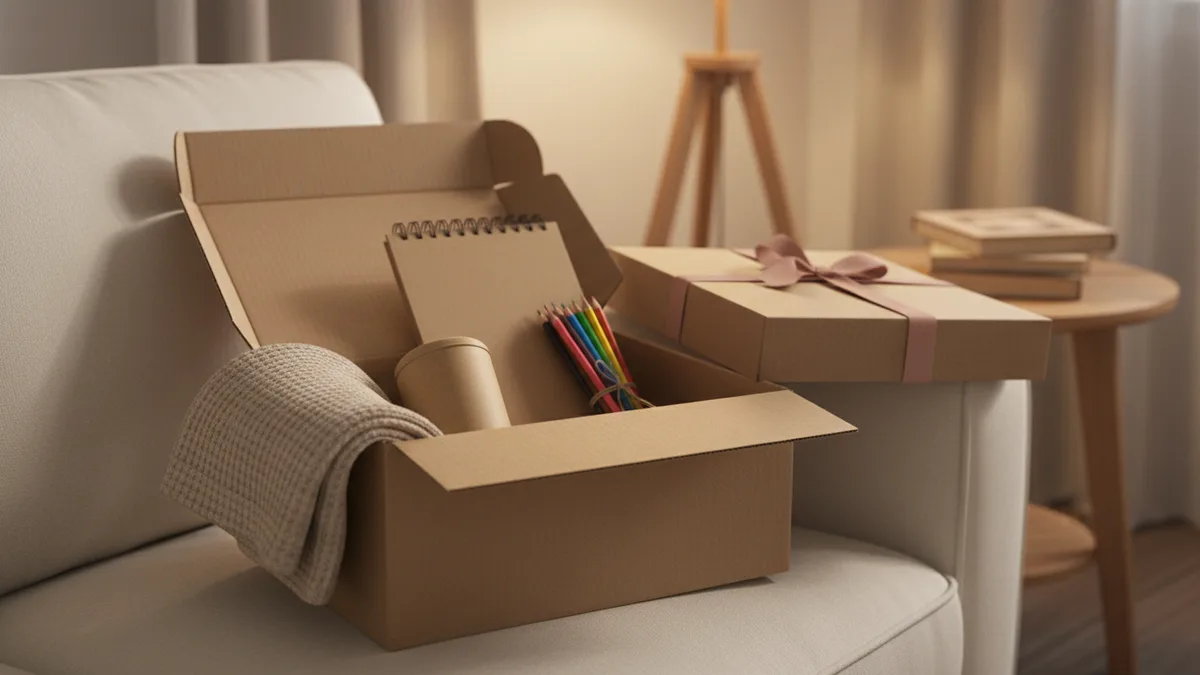 An open care package box on a sofa with a blanket, a sketchbook, colored pencils and a ribbon-tied gift box, a care package for someone with breast cancer