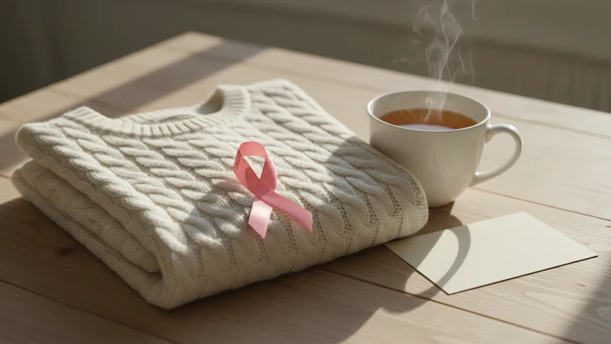 Breast cancer awareness quotes: a pink ribbon on a folded cream sweater beside a cup of tea and a blank card