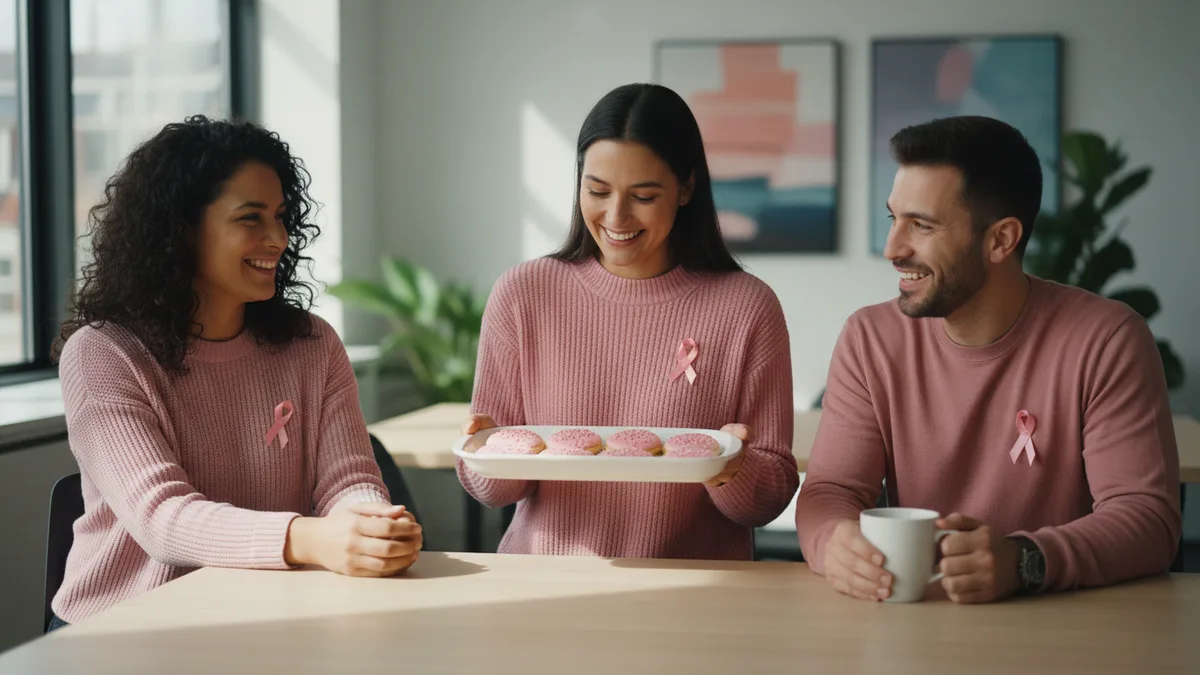 Three coworkers in pink sweaters with pink ribbon pins smiling at an office table with a tray of pink cookies, a Pink Out Day with breast cancer awareness taglines