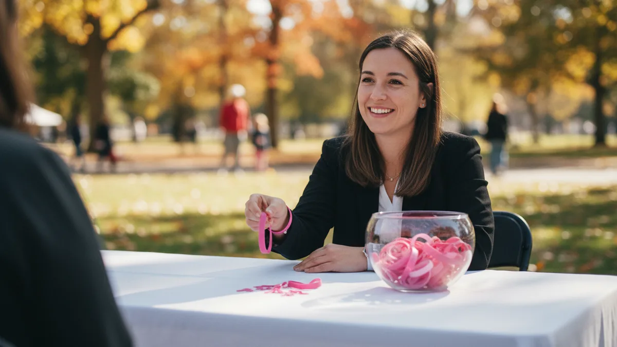 A smiling volunteer at an outdoor event table handing out pink wristbands, with awareness handouts and screening reminders on the table