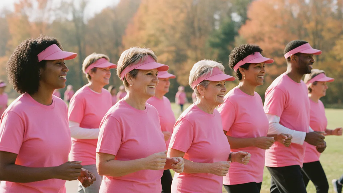 A group of adults of different ages walking at an outdoor charity event in plain pink T-shirts and pink visors, ready for breast cancer walk slogans