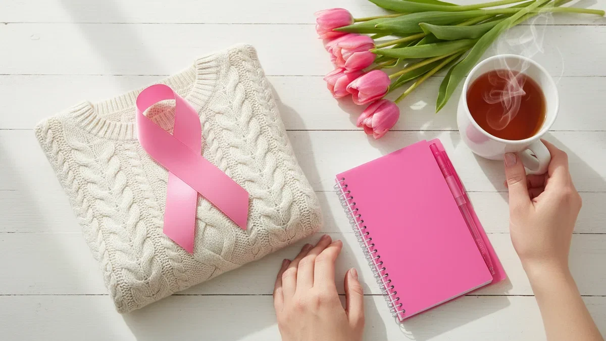 Breast cancer awareness quotes: a pink ribbon on a folded cream sweater beside a pink notebook, pink tulips and a cup of tea