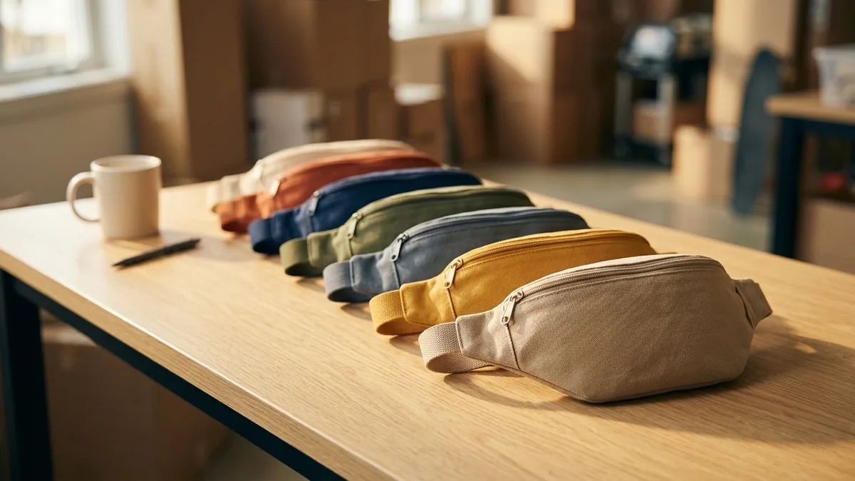 A row of blank fanny packs in several colors laid out on a bright table