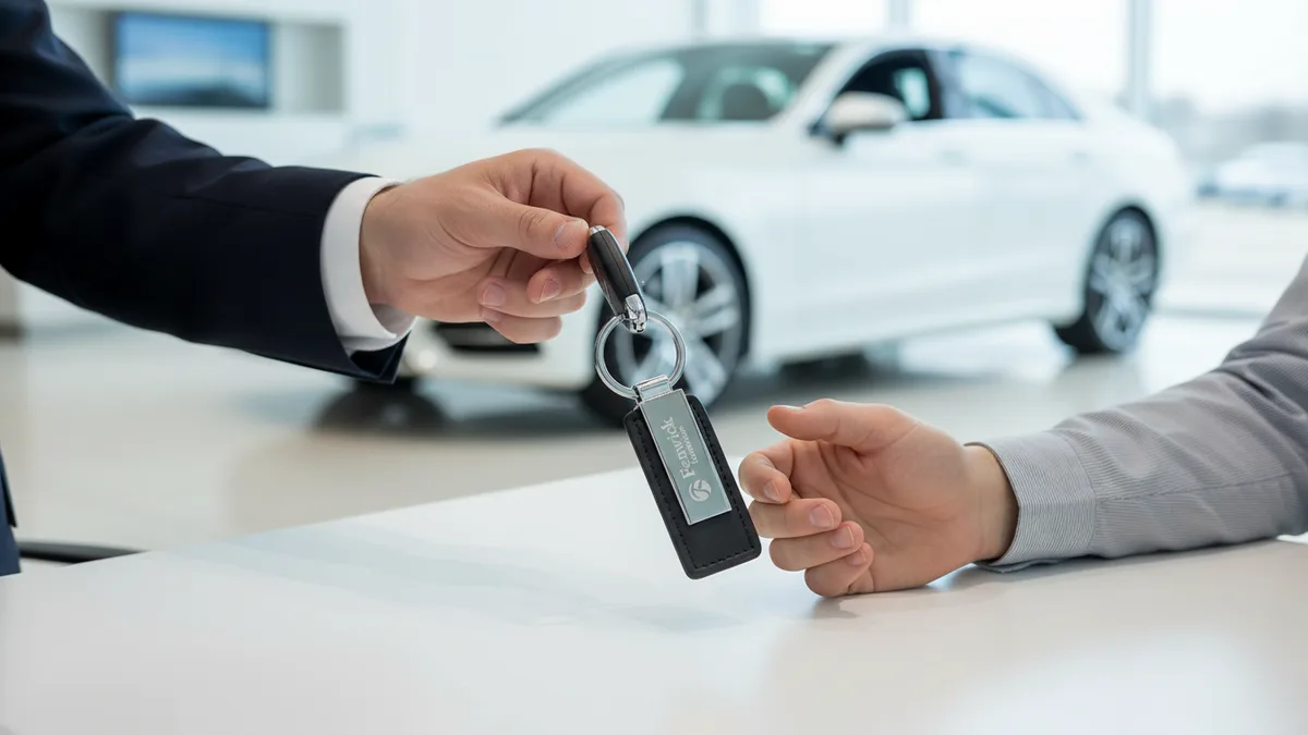 Car dealership promotional items on a showroom desk: branded keychains and a key fob handed to a new car buyer
