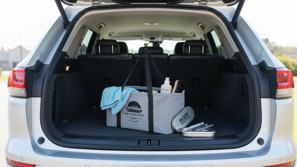Open car trunk with a branded trunk organizer and a roadside emergency kit, two car dealership promotional items