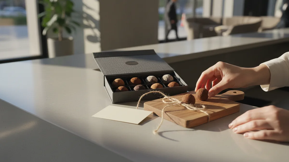 A box of truffles, a small wood serving board and a blank card with twine on a reception counter, corporate gifts for clients