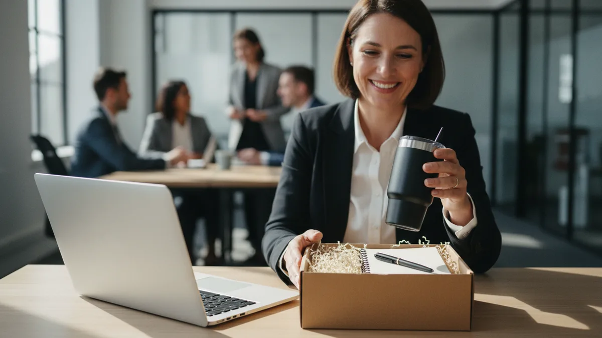 A woman at her desk lifting a black tumbler out of a welcome gift box with a notebook and pen, an example of corporate gifts for employees