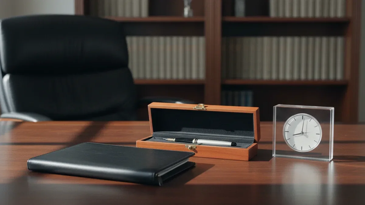 A black leather padfolio, a rosewood pen case with pen and a glass desk clock on a walnut desk, executive gift ideas