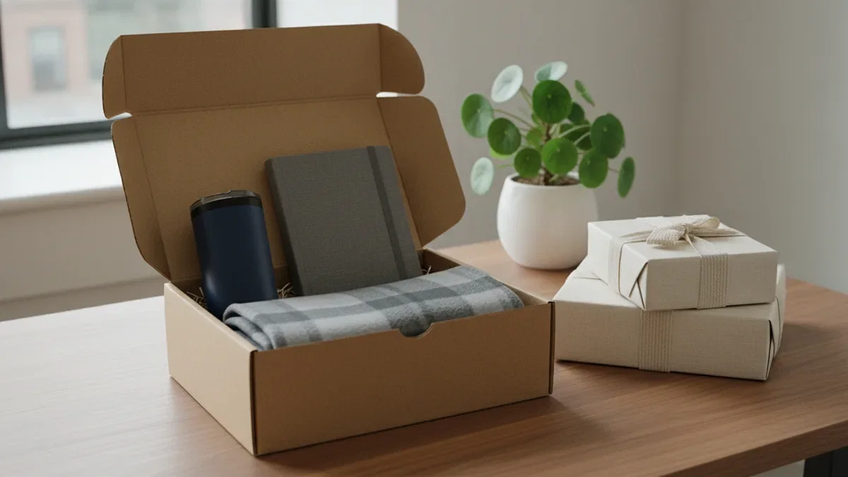 Corporate gift ideas: a kraft gift box with an insulated tumbler, notebook and plaid blanket on an office desk