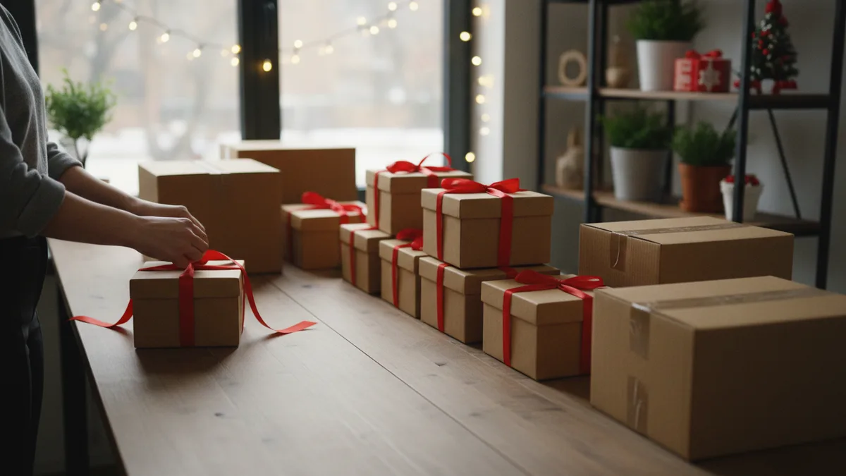 Hands tying red ribbon on stacks of kraft gift boxes with holiday lights, corporate holiday gift ideas ready to ship