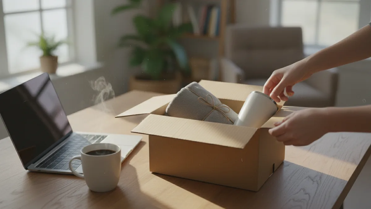 A person opening a delivered box with a fleece blanket and white mug at a kitchen table, a corporate gift idea for remote employees