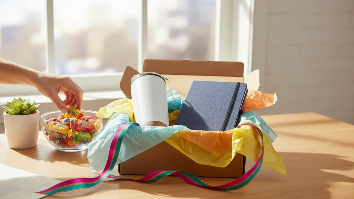 Corporate gift ideas: an open gift box with a white tumbler and a navy notebook on a bright office desk with colorful ribbon