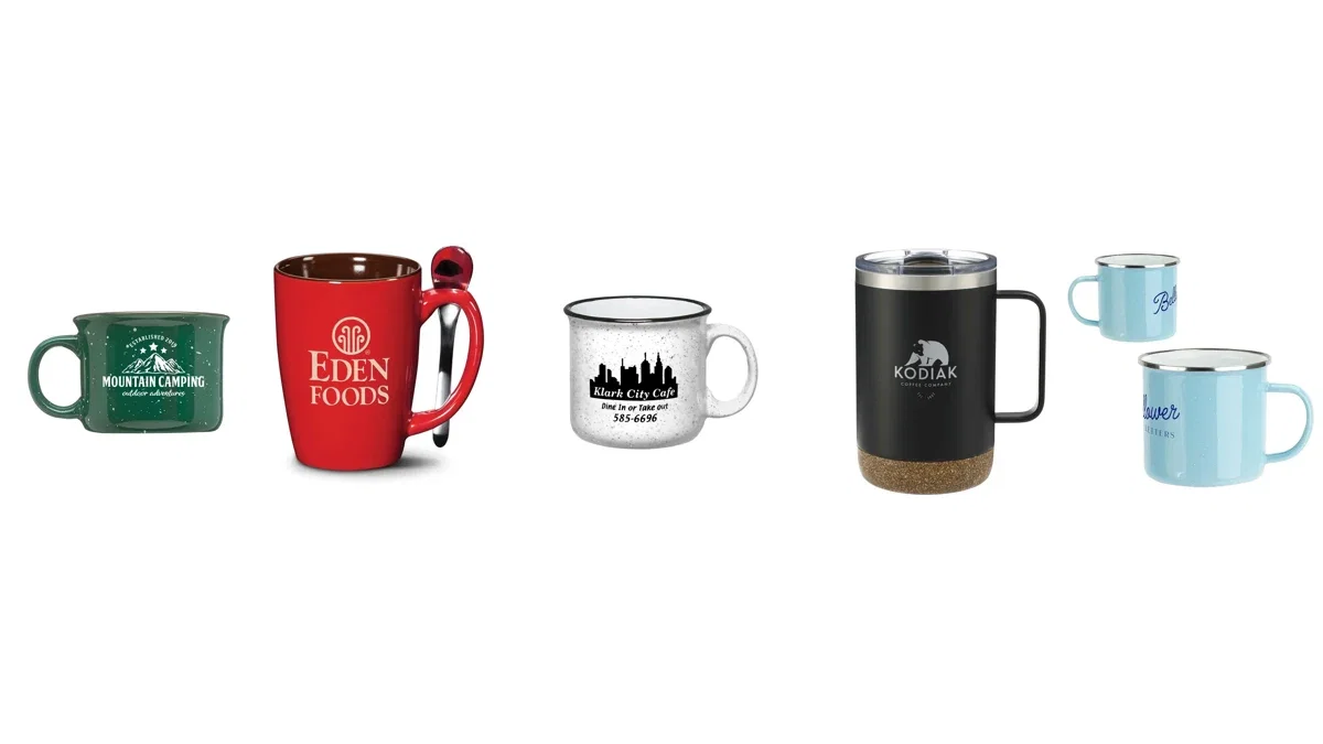 Five winter coffee mugs with sample logos: a green speckled mug, a red mug with a spoon, a white campfire mug, a black insulated mug and blue enamel mugs