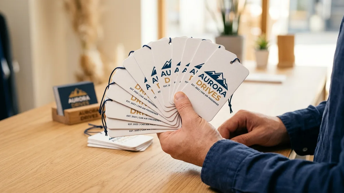 A hand fanning out a stack of a dozen custom branded car air fresheners, each printed with the same company logo, ready to hand out