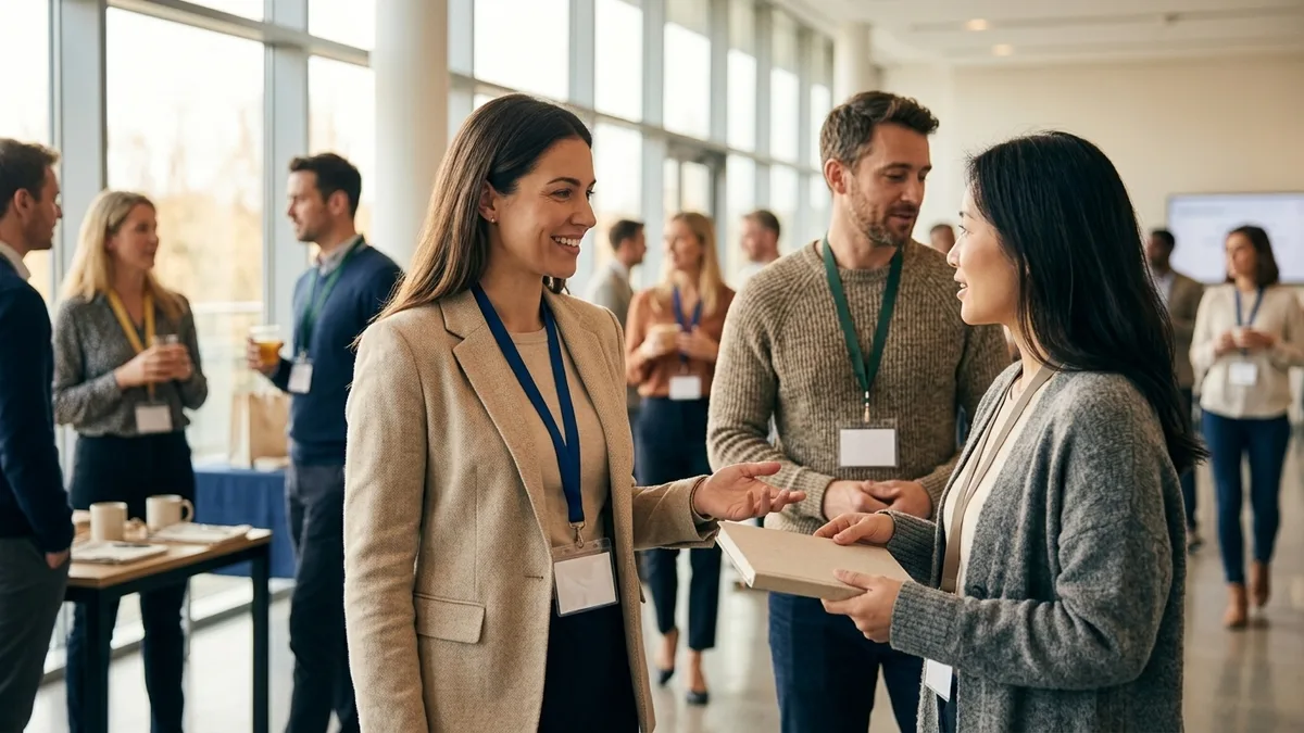 Conference attendees wearing branded custom lanyards with horizontal name-badge holders