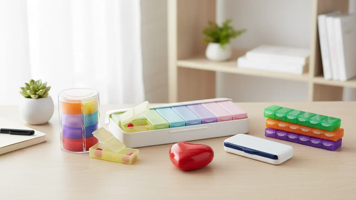 Custom pill boxes, weekly medicine trays and a pill splitter arranged on a bright home-office desk