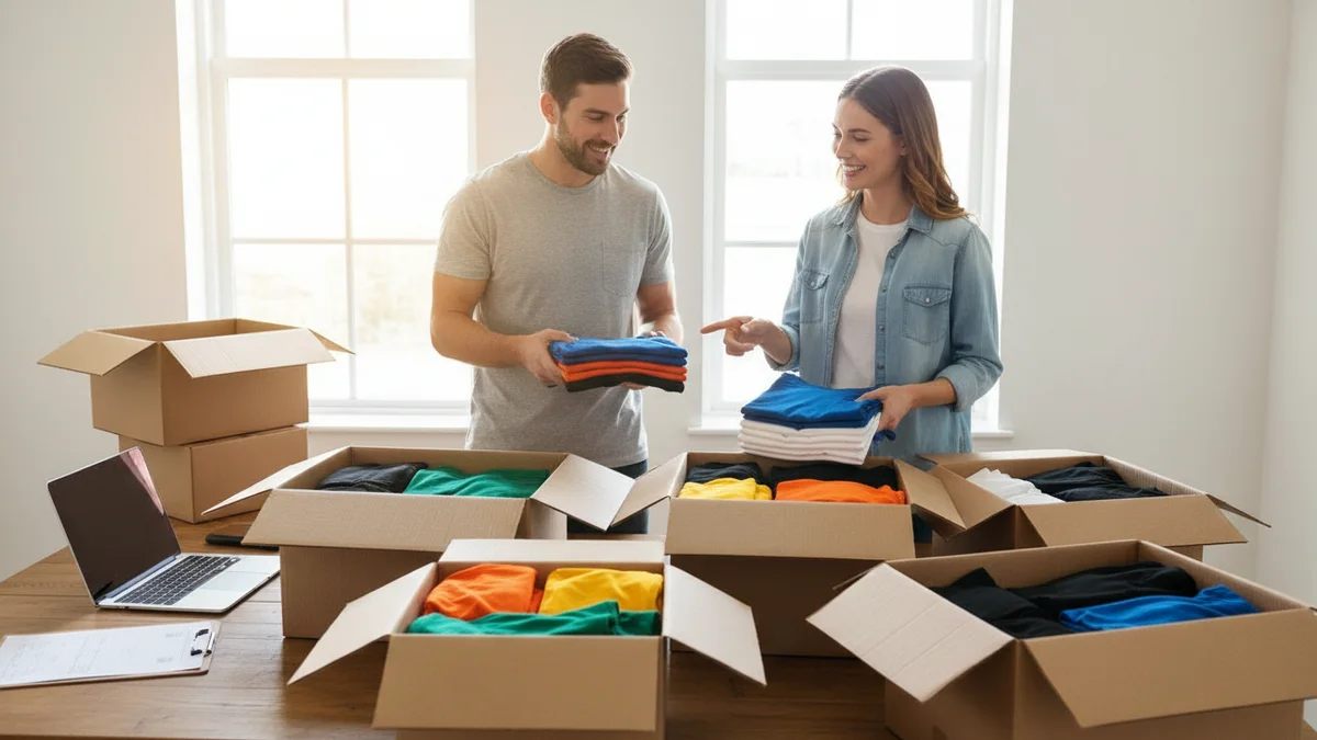 Two coworkers unpacking boxes of folded T-shirts in bright colors