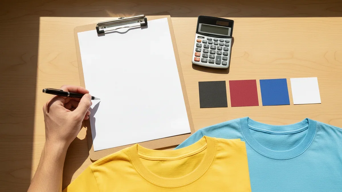 A hand filling in a worksheet on a clipboard beside a calculator, color swatches and folded T-shirts