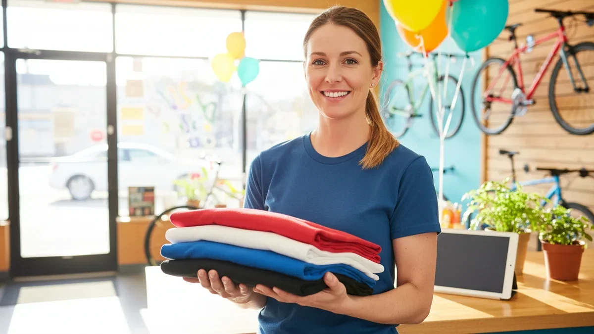 Custom t-shirt cost: a smiling shop owner holding a stack of folded T-shirts in bright colors