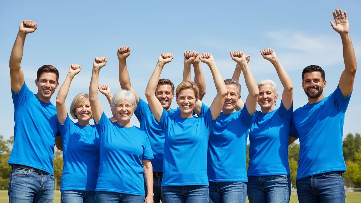 A team of eight coworkers outdoors in matching bright blue T-shirts cheering
