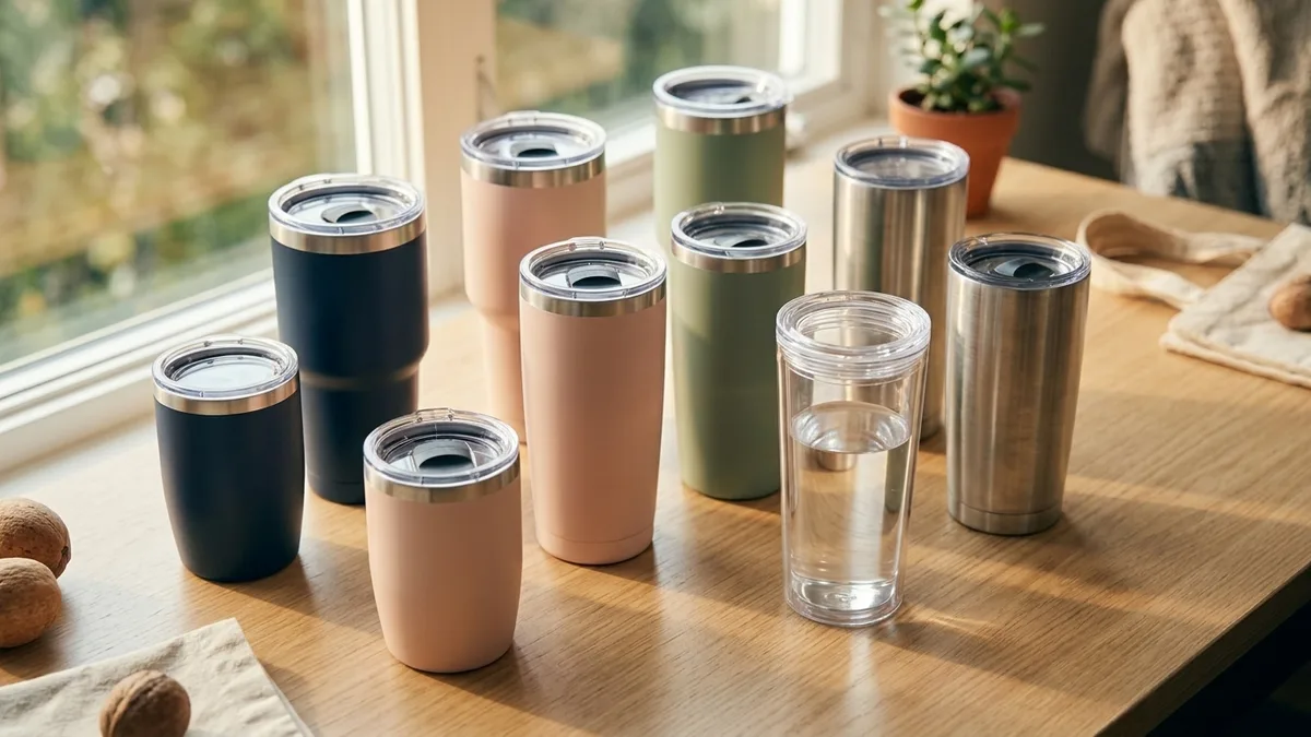 Branded tumblers staged as an employee welcome kit and event giveaway swag