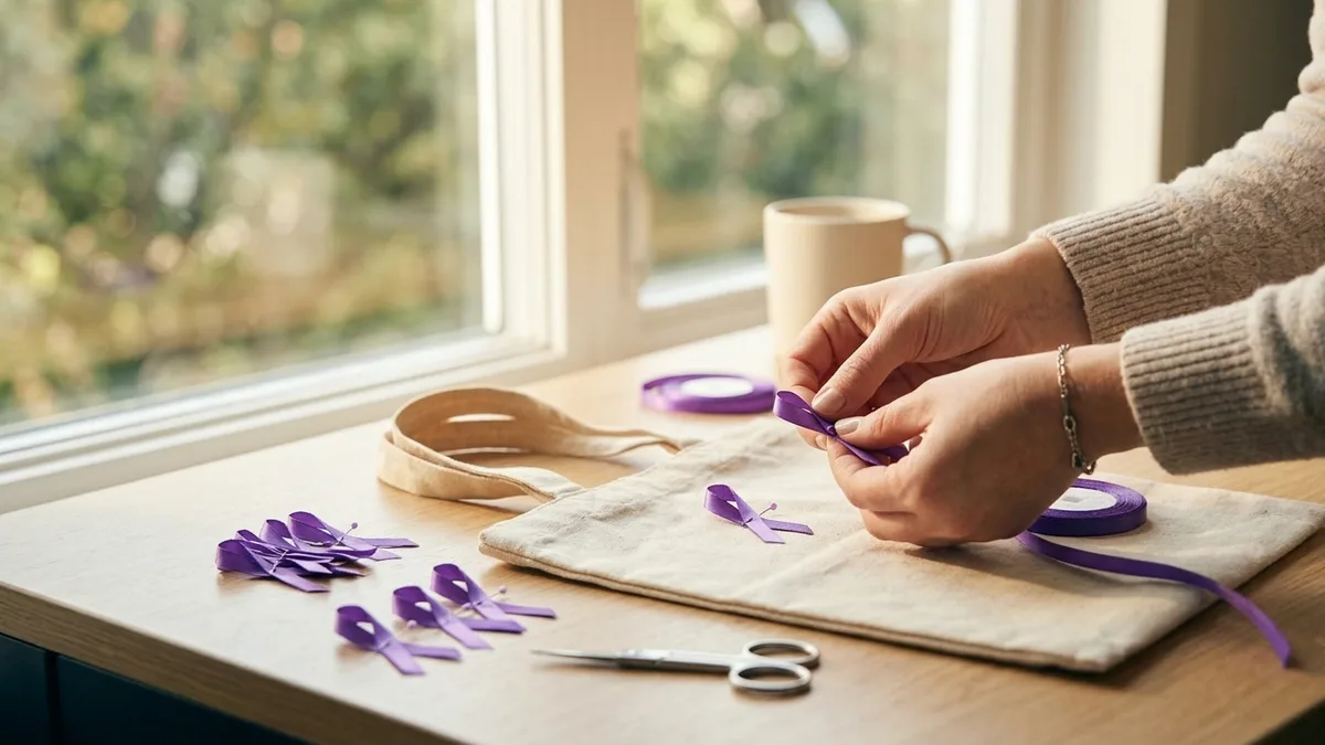 Hands tying purple domestic violence awareness ribbons and fastening purple awareness pins