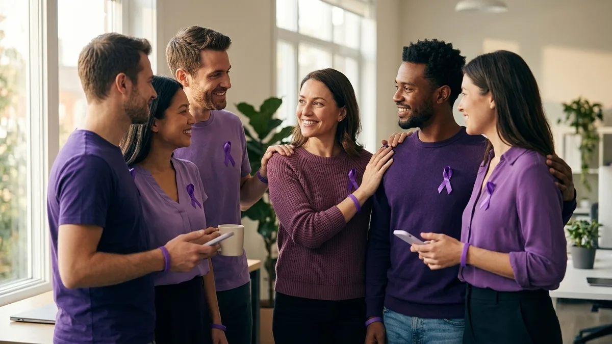 Supporters wearing purple ribbons, wristbands, and lapel pins for Domestic Violence Awareness Month on Purple Thursday