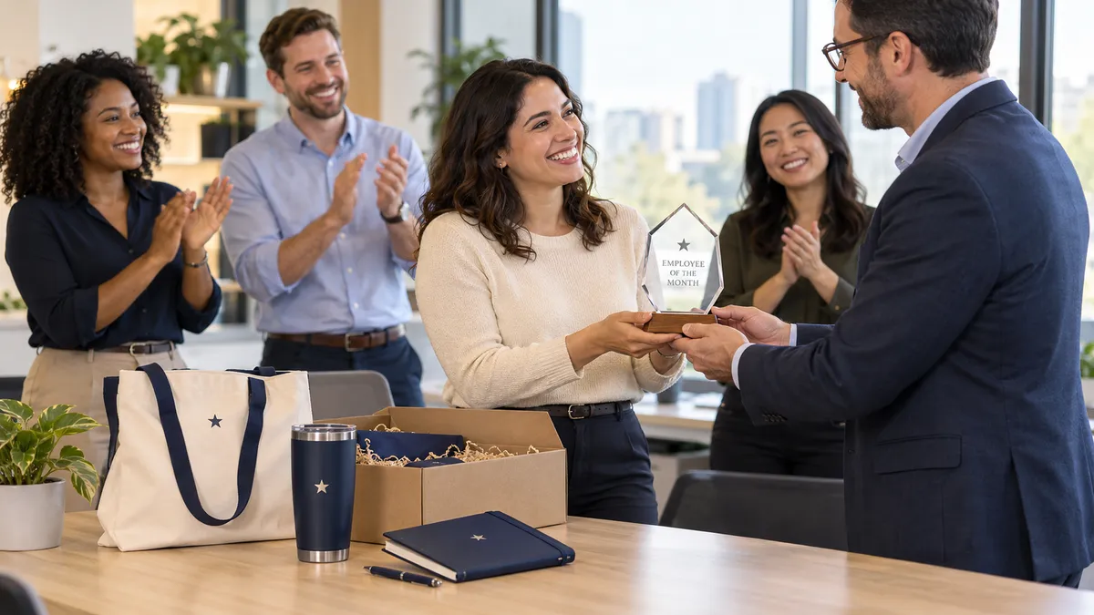 Coworkers applaud as a manager presents a glass employee of the month award, with branded tote, tumbler and journal rewards
