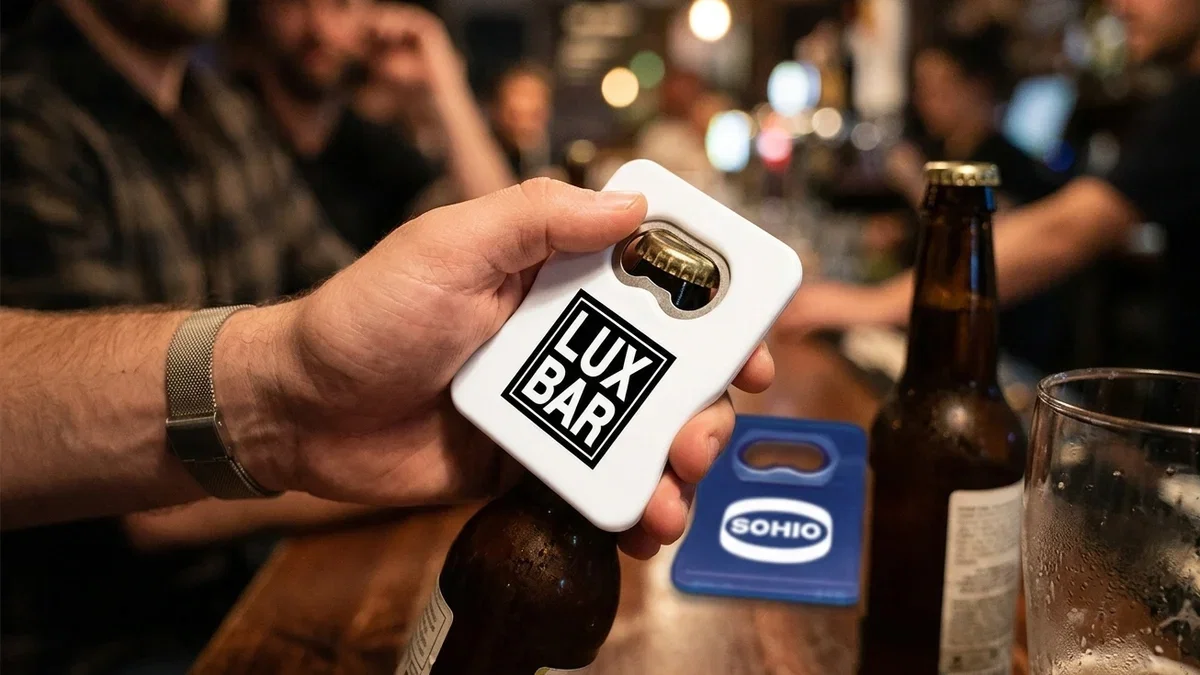 Custom bottle openers with a logo clipped to a customer's keyring