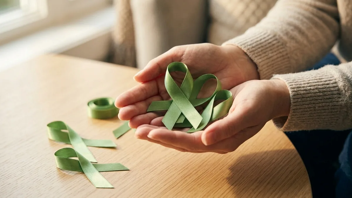 A green awareness ribbon held between two fingers in soft daylight