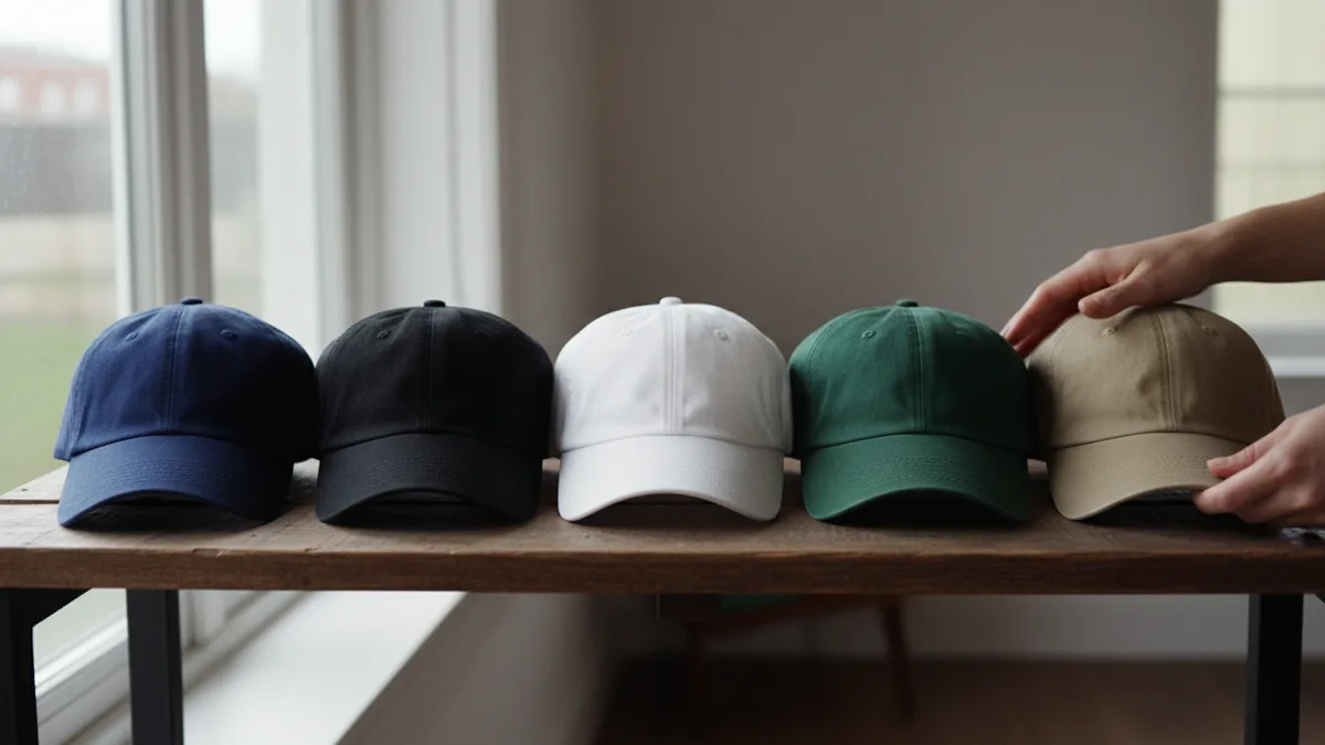 Five plain baseball caps in different colors in a row on a shelf