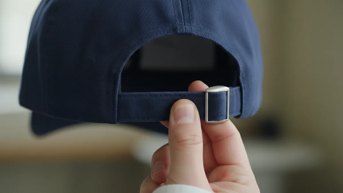 Close-up of the back of a navy cap with an adjustable strap and buckle being adjusted