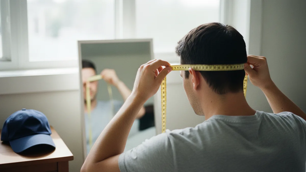 Hat sizes: a person measuring their head with a soft tape measure above the ears, a navy cap on the table