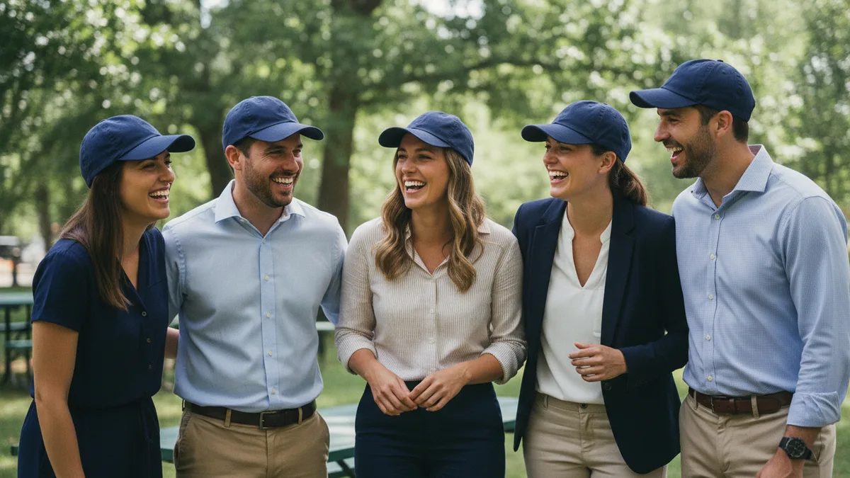 Five coworkers outdoors in matching plain navy caps