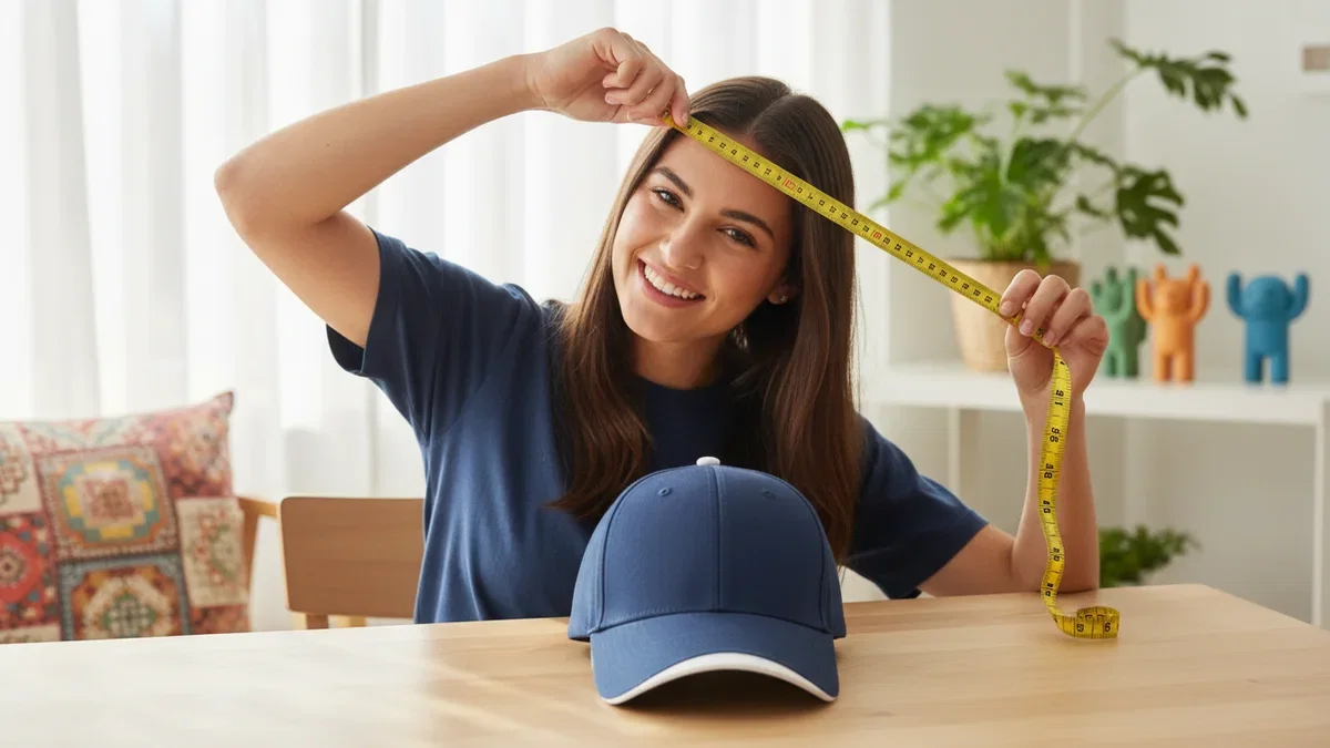 Hat sizes: a smiling person measuring their head with a soft tape measure, a navy cap on the table