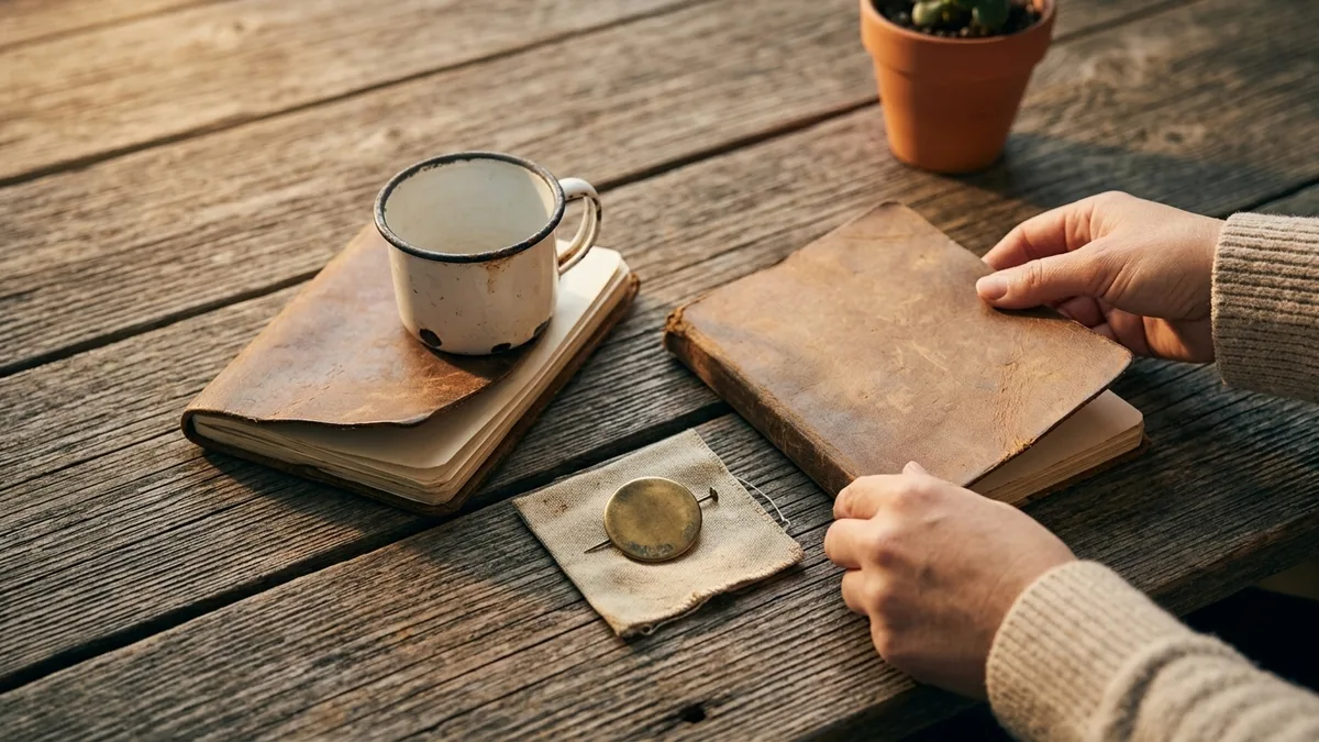 Vintage blank promotional items arranged on weathered wood in warm light