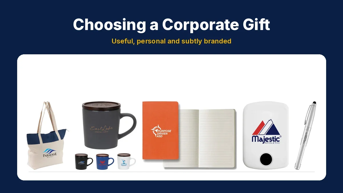 Custom logo tote bag, coffee mug, notebook, power bank and metal pen shown as corporate gift ideas