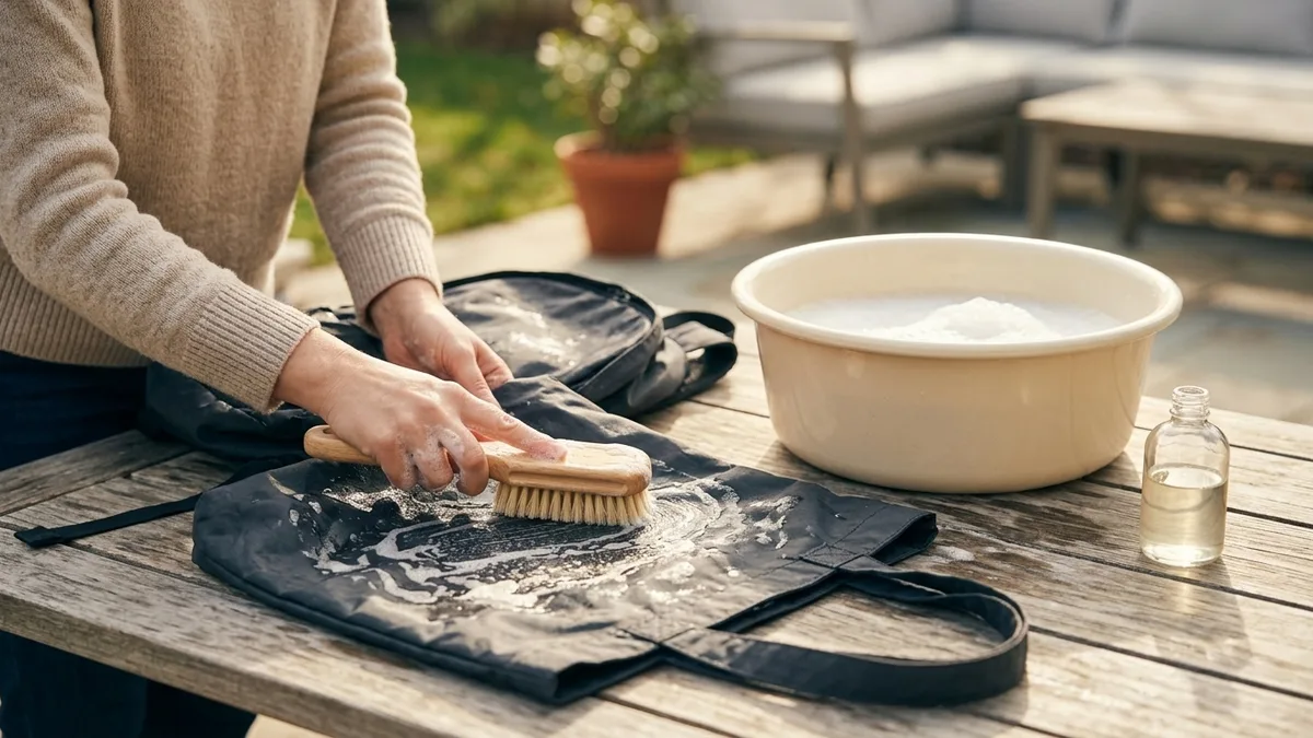 A nylon tote and backpack being hand-scrubbed with a brush on a sunny patio